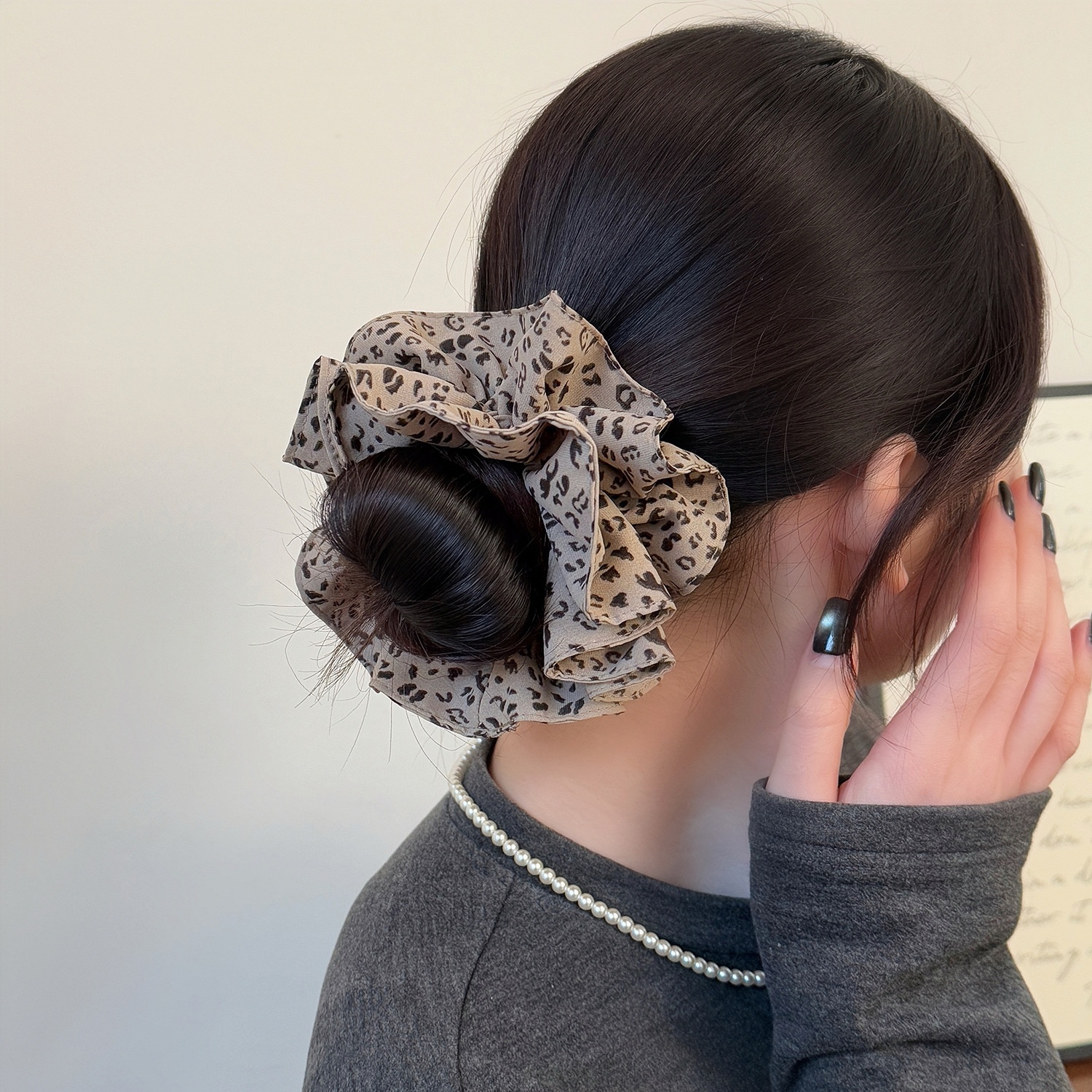 Women's Spring Cloth Scrunchie Hair Tie Coffee Leopard Print