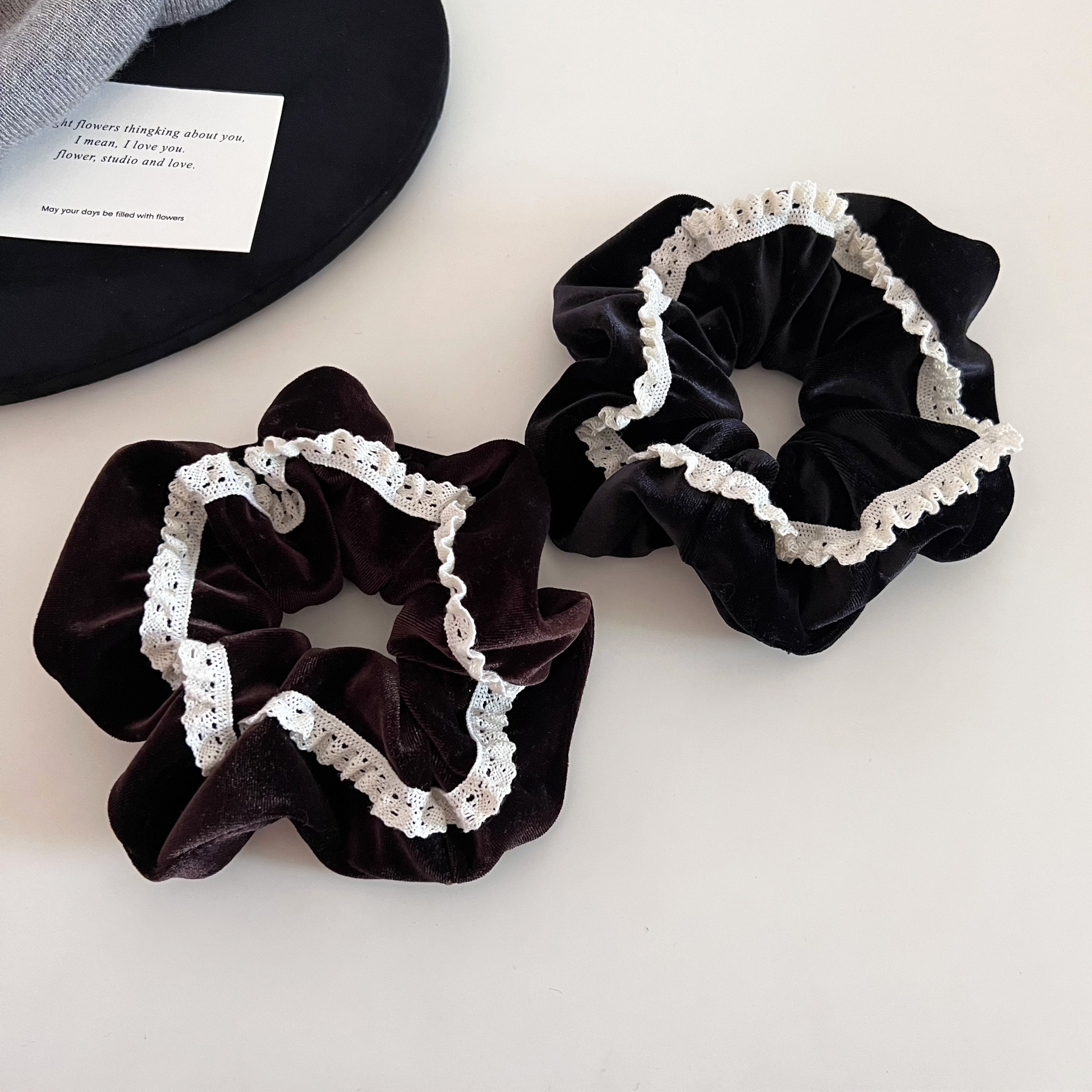 Women's French Lace Edge Velvet Hair Tie for Buns in Elegant Solid Colors