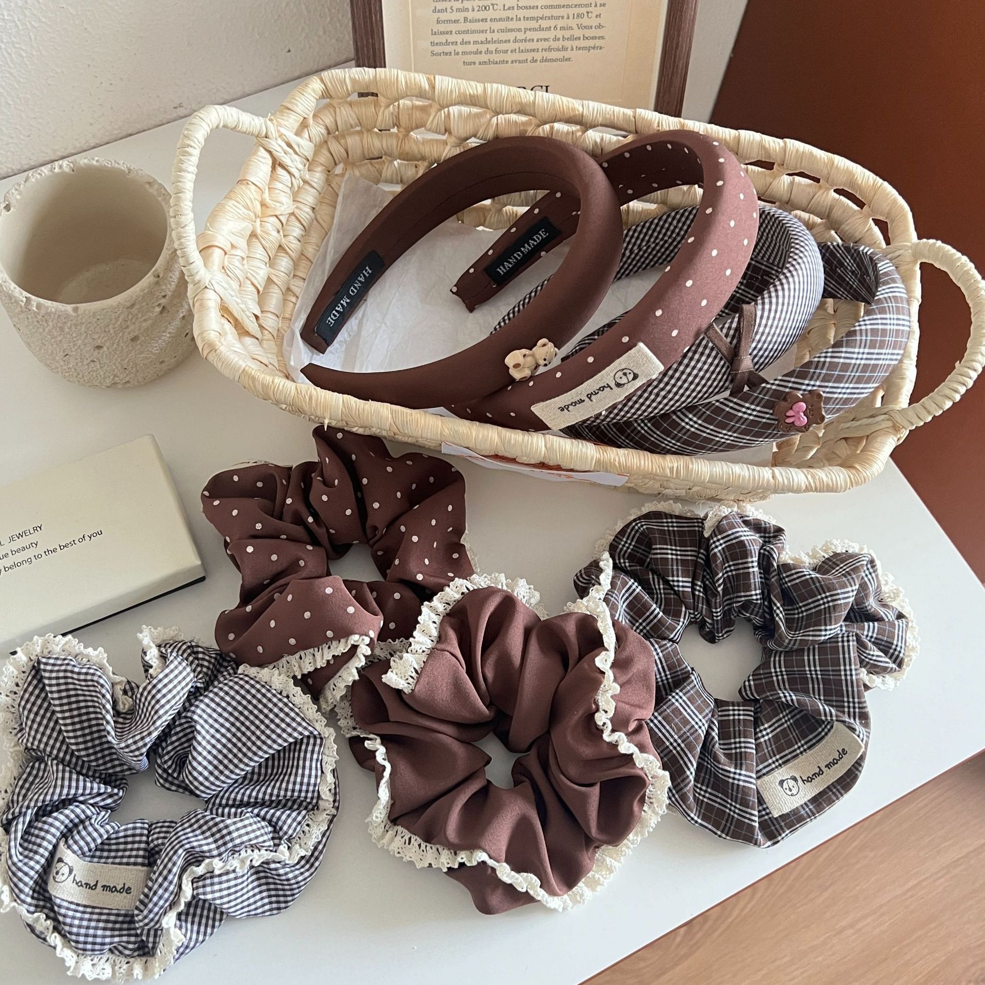 Women's Vintage Forest Lace Bun Scrunchie Hair Tie Coffee Plaid Cloth