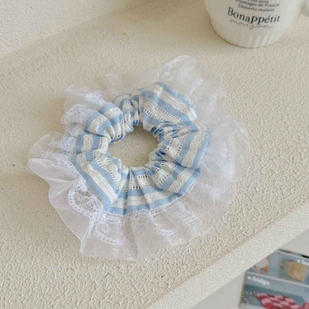 Women's Spring Summer Sweet Cloth Bow Knot Hair Tie Blue Plaid Lace