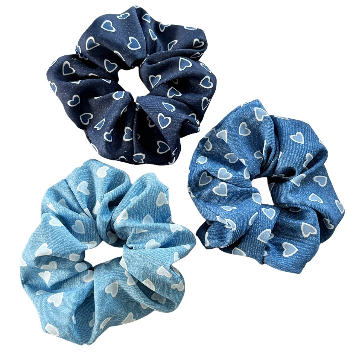 Women's Vintage Denim Hair Tie Band Accessory Blue Heart Shaped Print