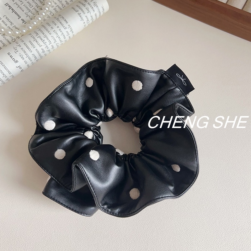 Women's Black PU Leather Polka Dot Hair Ties Sweet Cool Slim Waist Hair Bands