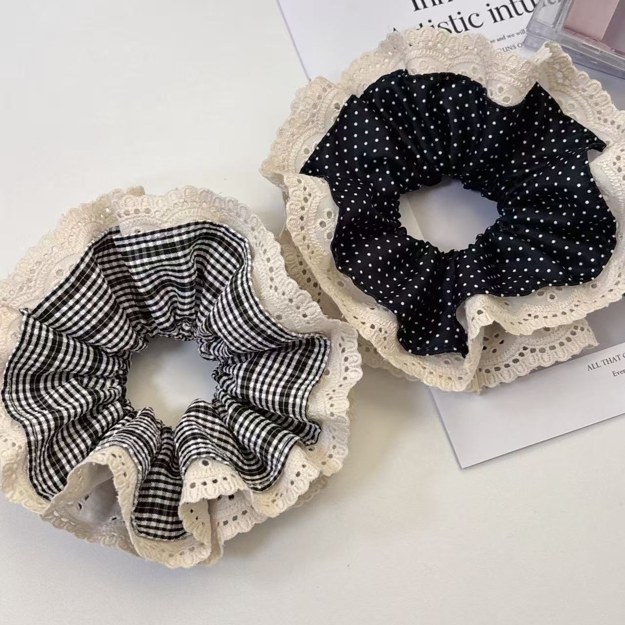 Women's Retro Black Polka Dot Cloth Hair Tie Classic Vintage Scrunchie