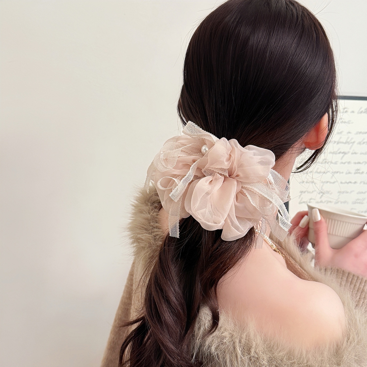 Women's French Style Summer Organza Hair Tie in Beige, Pink, Black