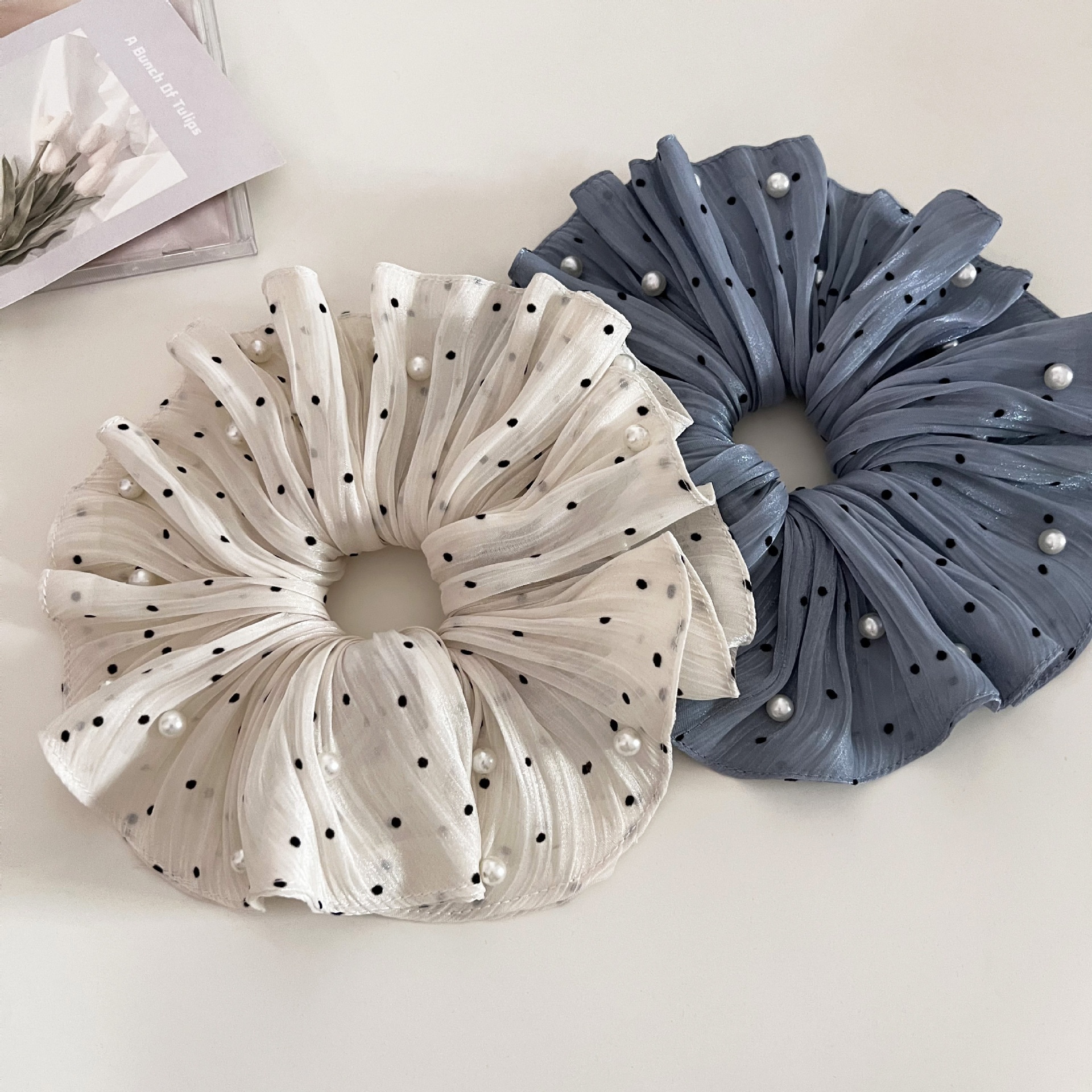 Women's Soft Polka Dot Gauze Hairband Elegant Pearl Folded Headband