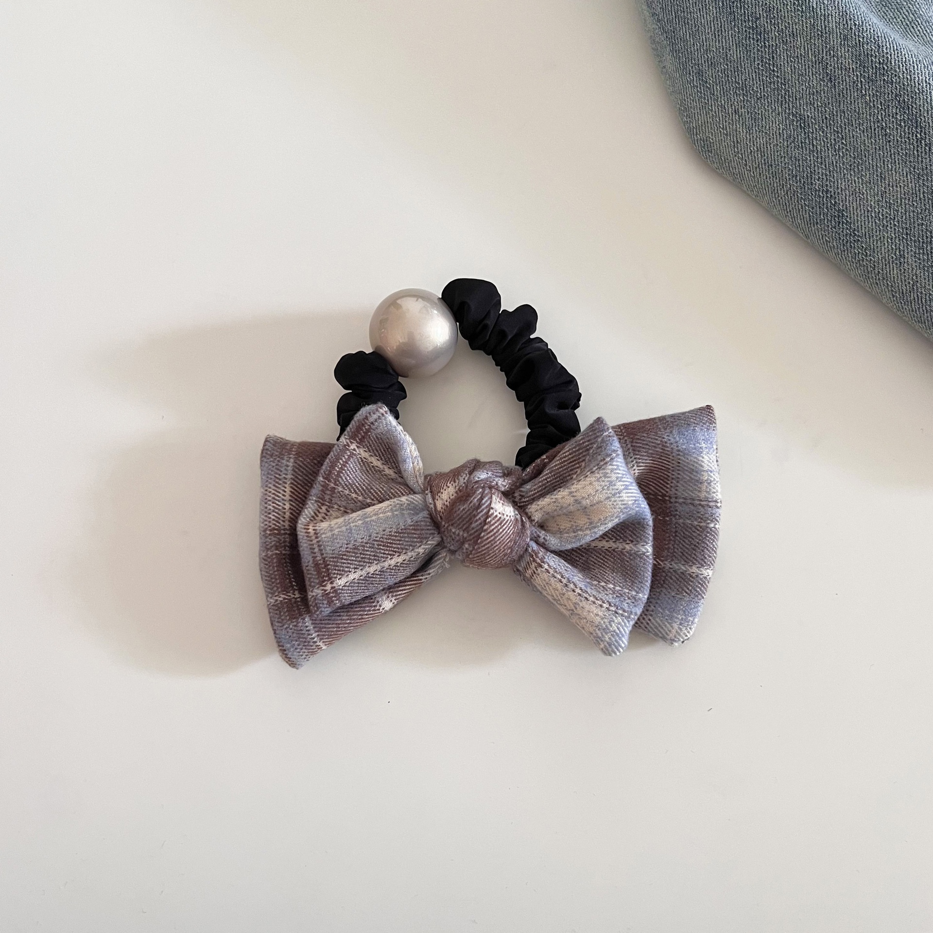 Women Cloth Bow Hair Scrunchies Coffee Plaid Checkered Autumn Winter
