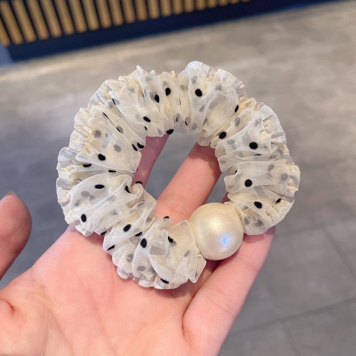 Women's Summer French Style Gauze Pearl Hair Tie Black Polka Dots
