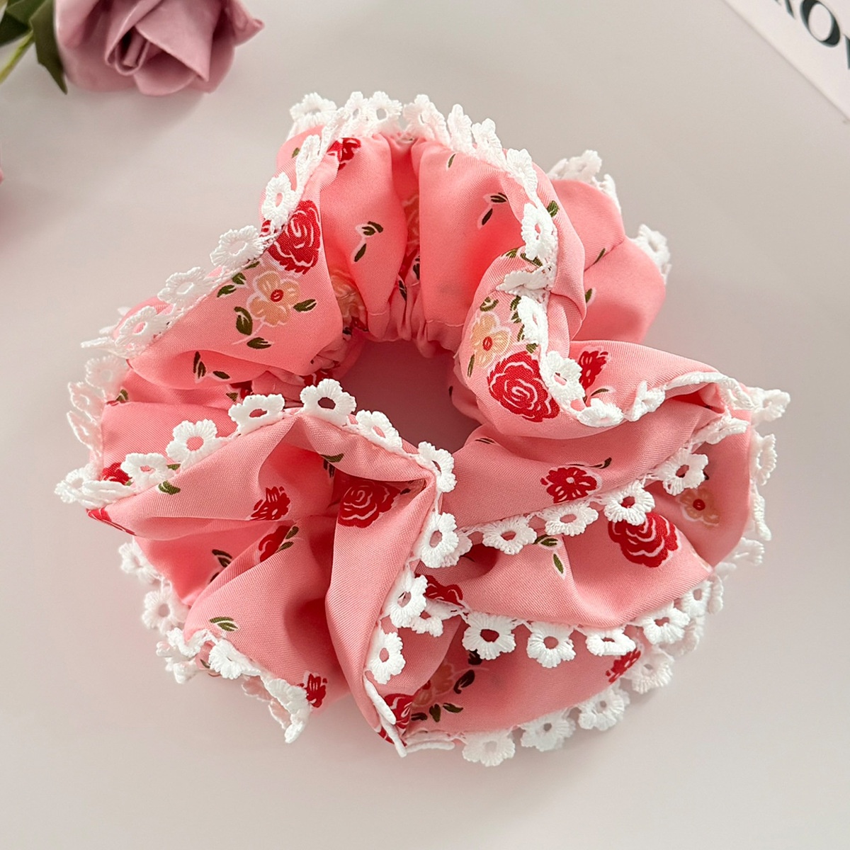 Women's Valentine Double Layer Lace Hair Scrunchie Rose Flower