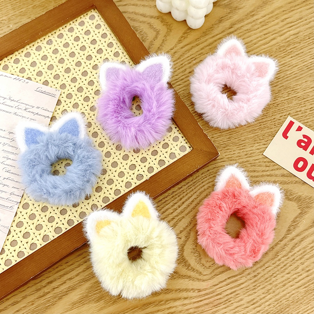 Girls Autumn Winter Plush Cat Ear Ponytail Hair Tie Macaron Colors
