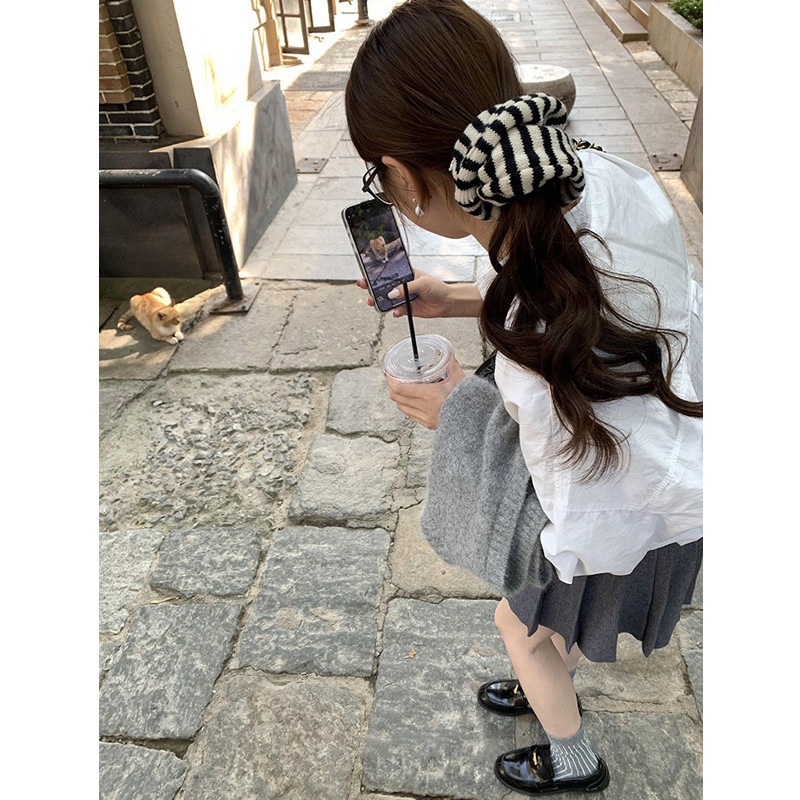 Women's Cozy Autumn Winter Knit Hair Tie Black And White Striped