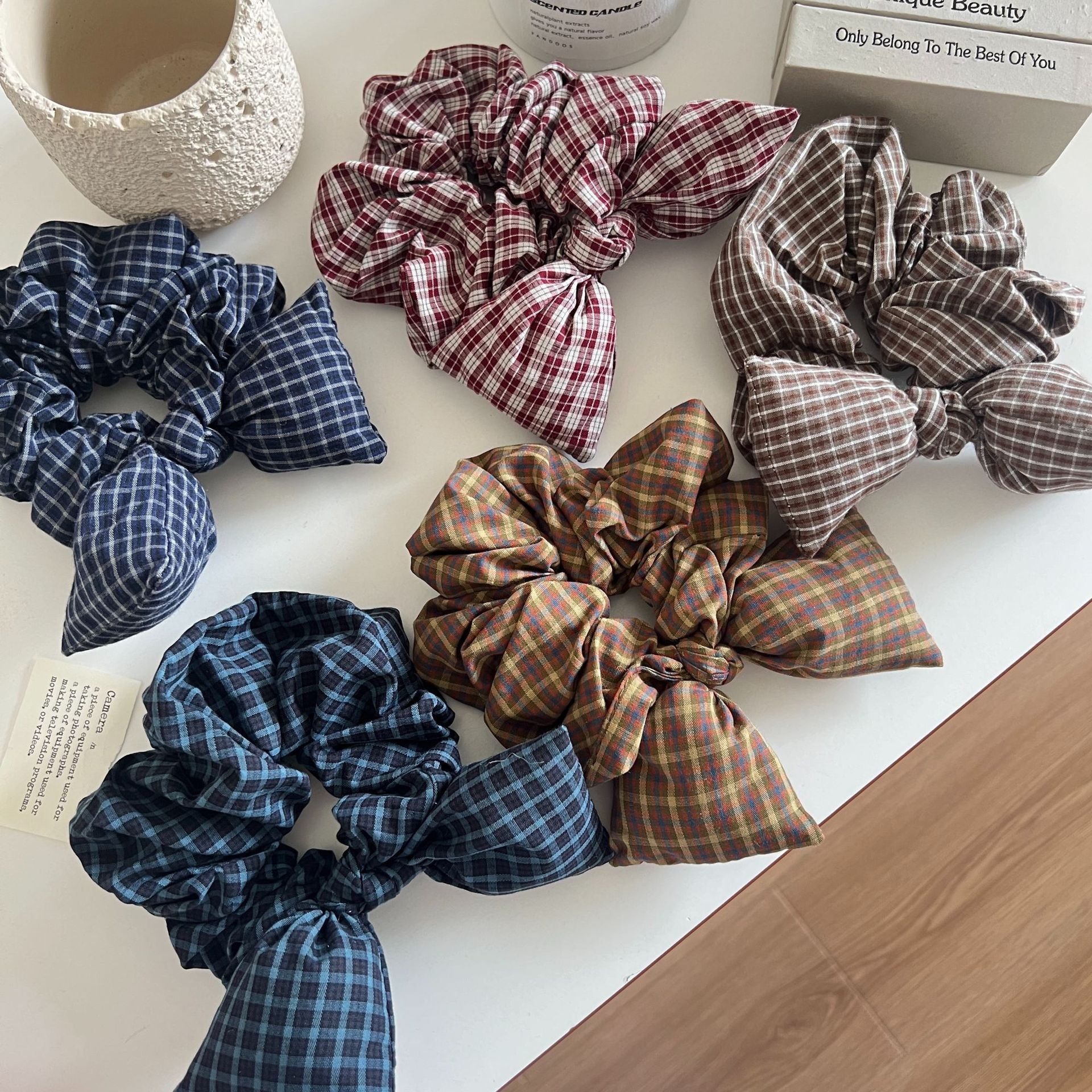 Women's Ruffled Fabric Low Ponytail Hair Tie Scrunchie Retro Plaid