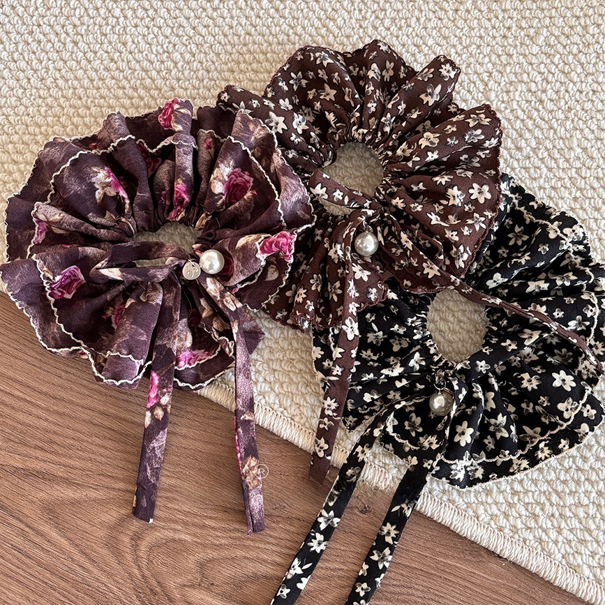 Women's Vintage Rose Hair Tie with Pearl Inlay, Pink Floral Cloth Accessory