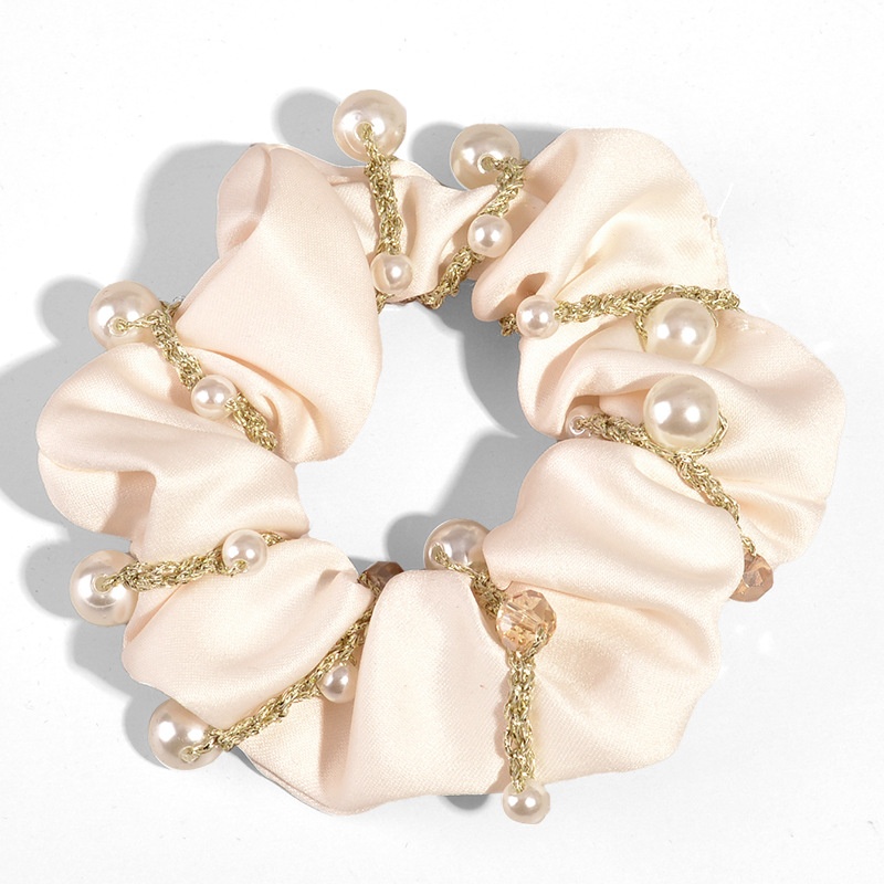 Women's Dual-Use Pearl Crystal Cloth Hair Tie Bracelet Solid Beige Black