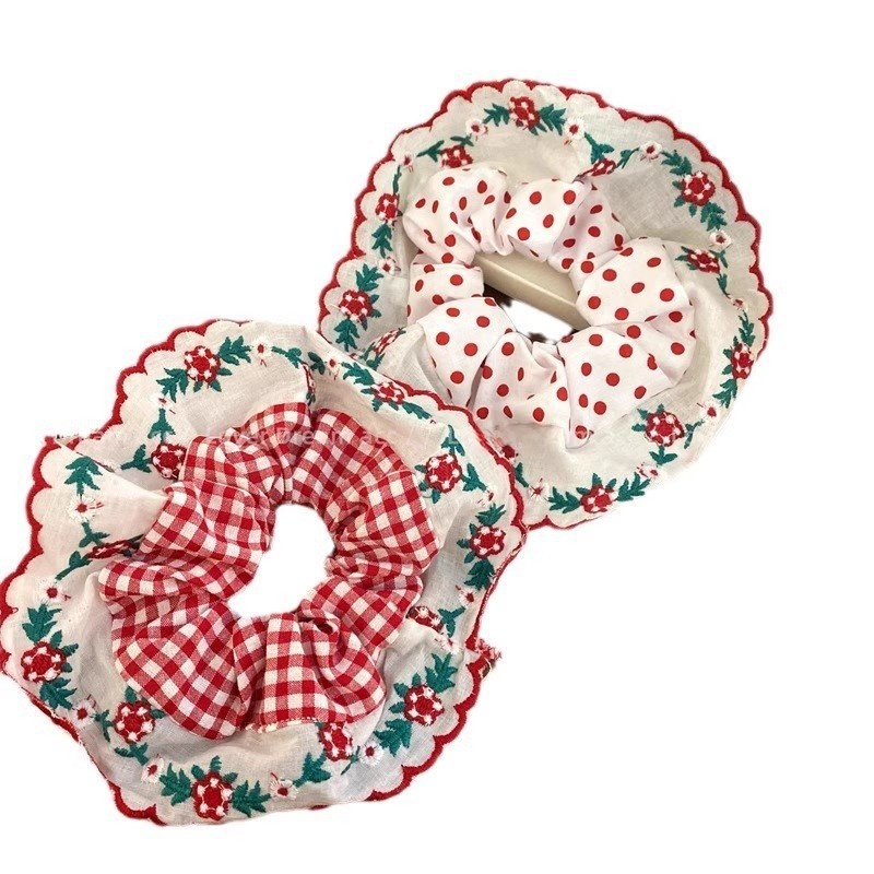 Women's Elegant Cloth Hair Tie, Pastoral Red & White Polka Dot Floral Embroidery