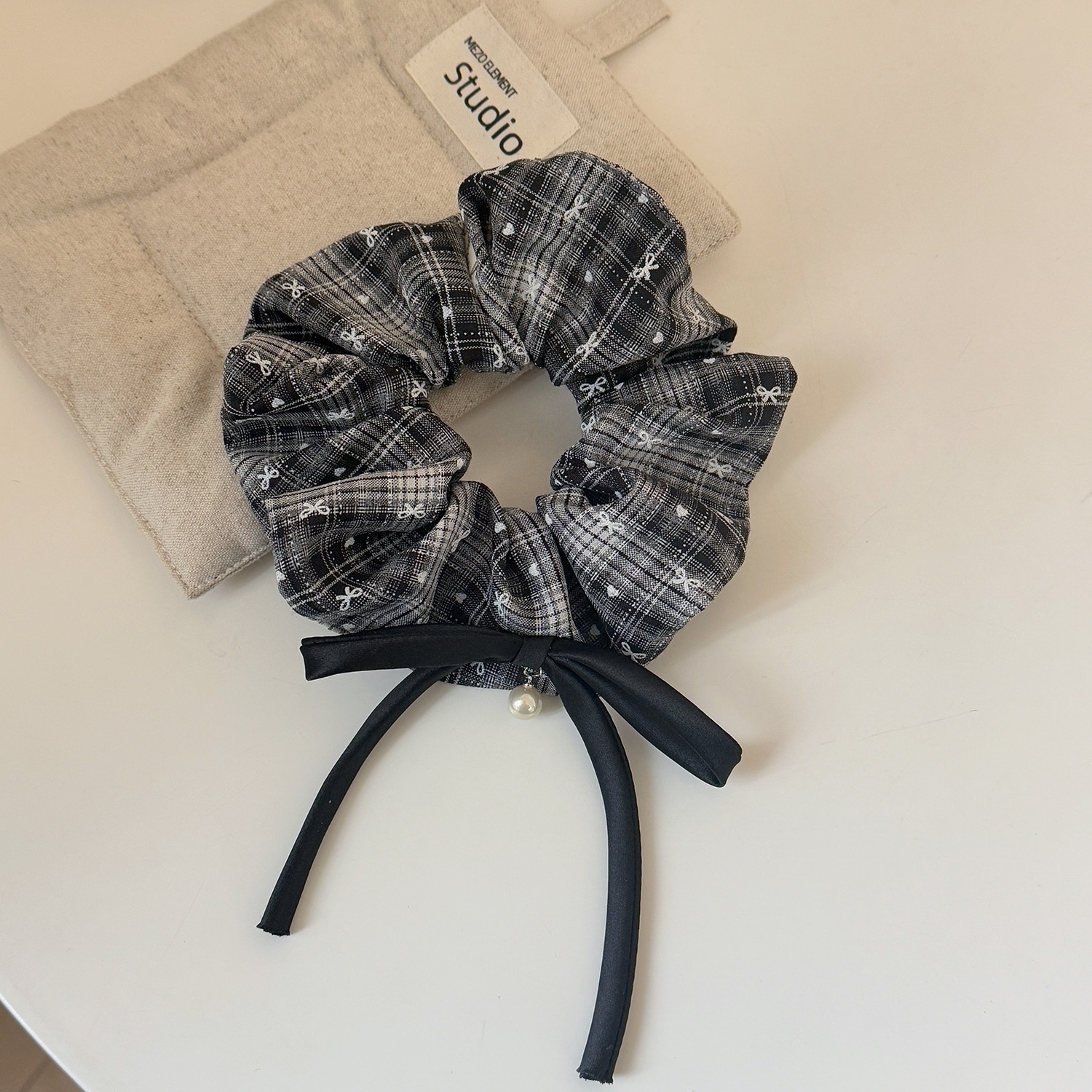 Women's Pearl Bowknot Cloth Scrunchie Ribbon Hair Tie Red Black Plaid