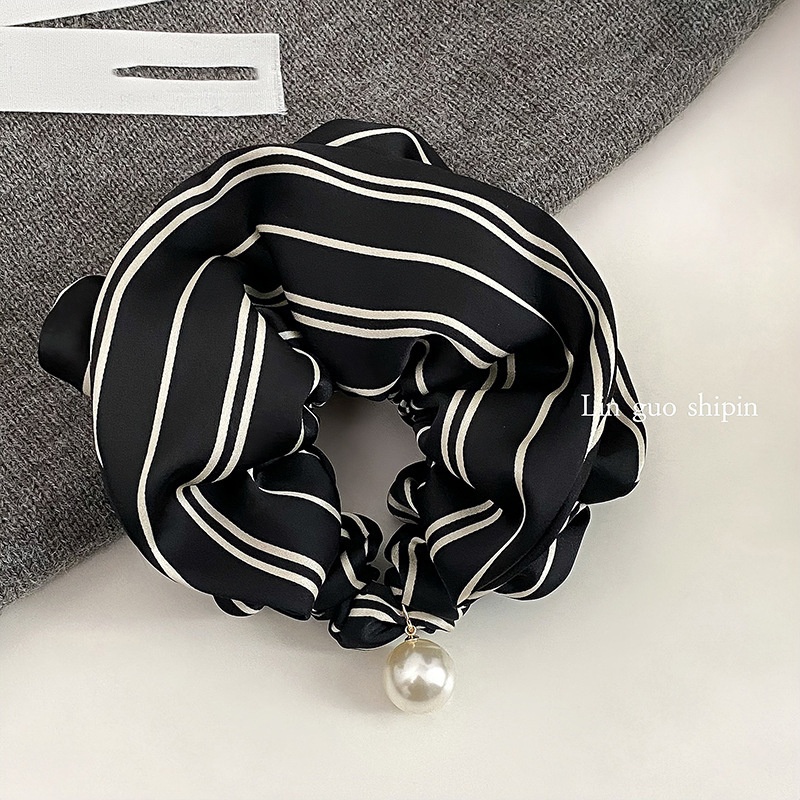 Women's All-Season Soft Satin Pearl Hair Tie Striped Beige Black