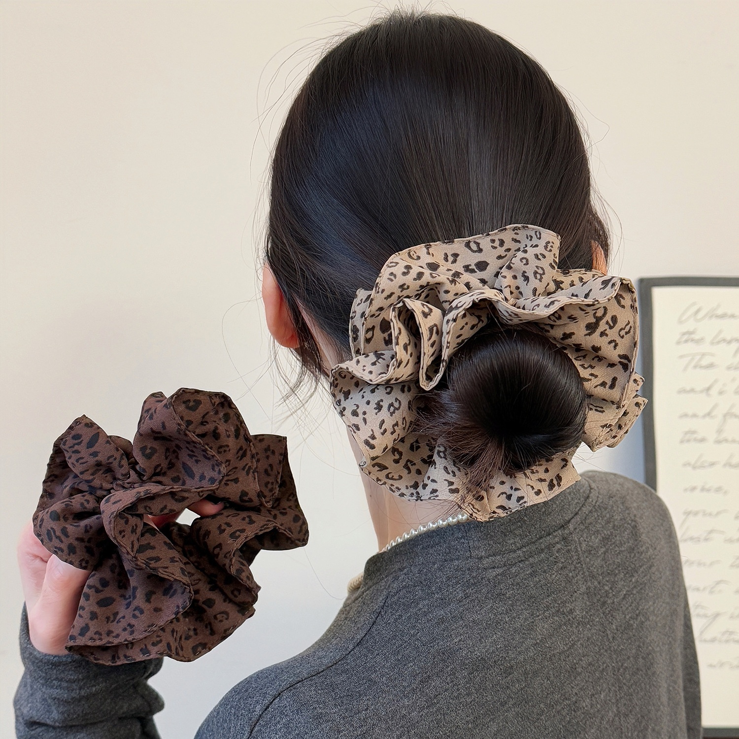 Women's Spring Cloth Scrunchie Hair Tie Coffee Leopard Print