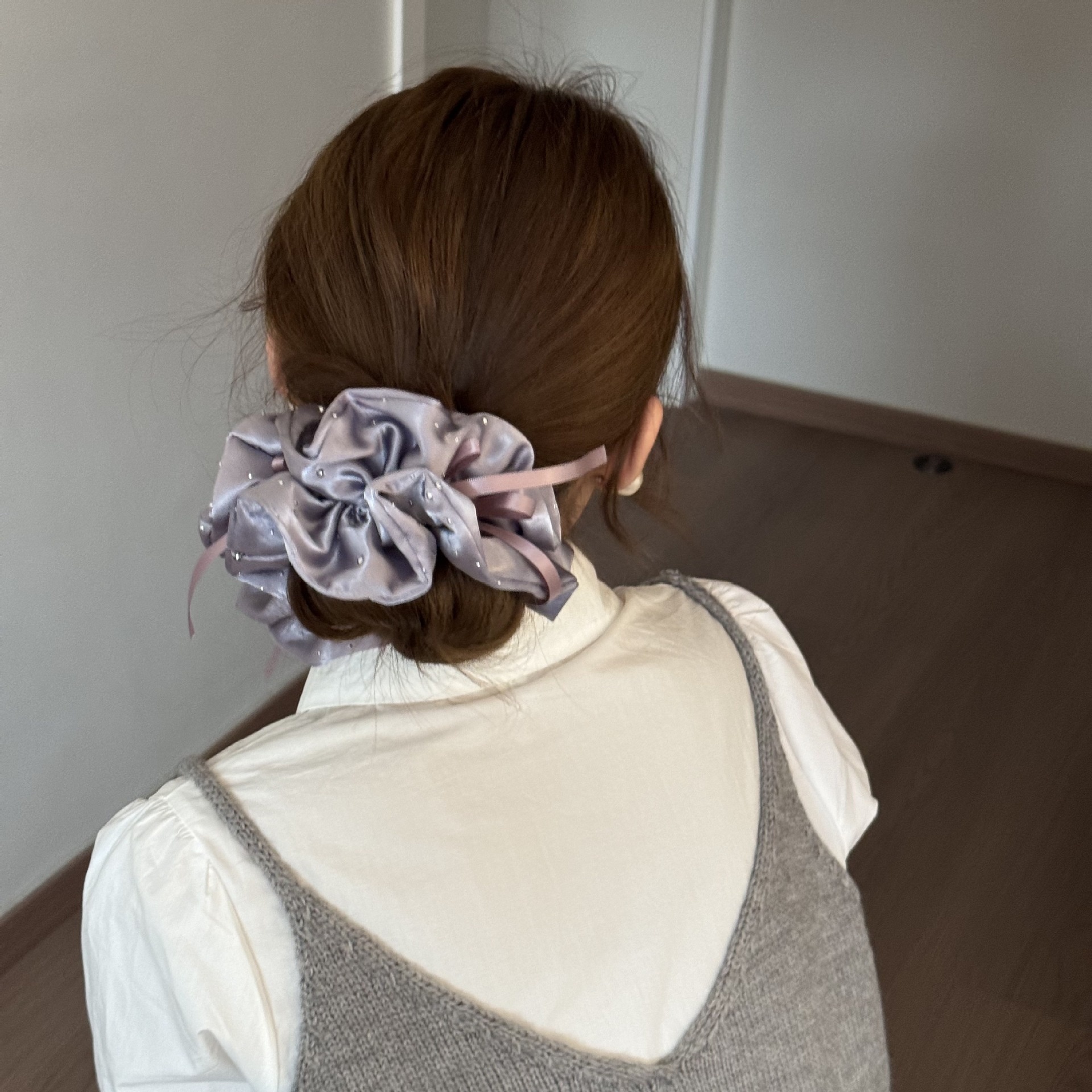 Women's Spring French Rhinestone Bowknot Hair Rubber Band Pink Satin