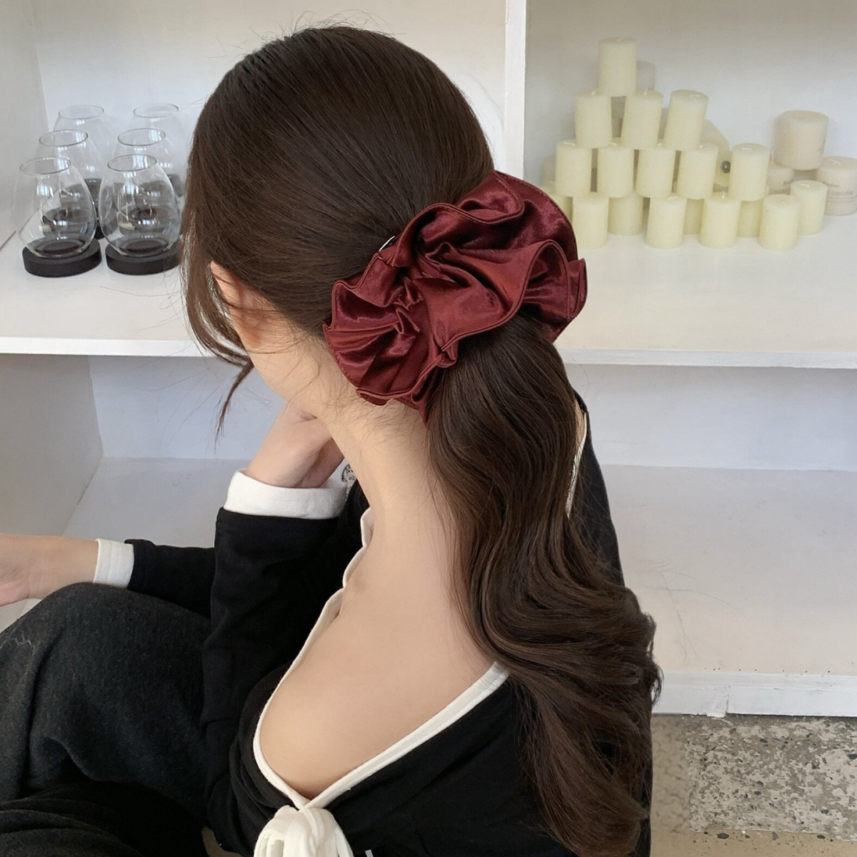 Women Satin Bubble Braid Hair Rope Elegant Spring Hair Tie Solid White