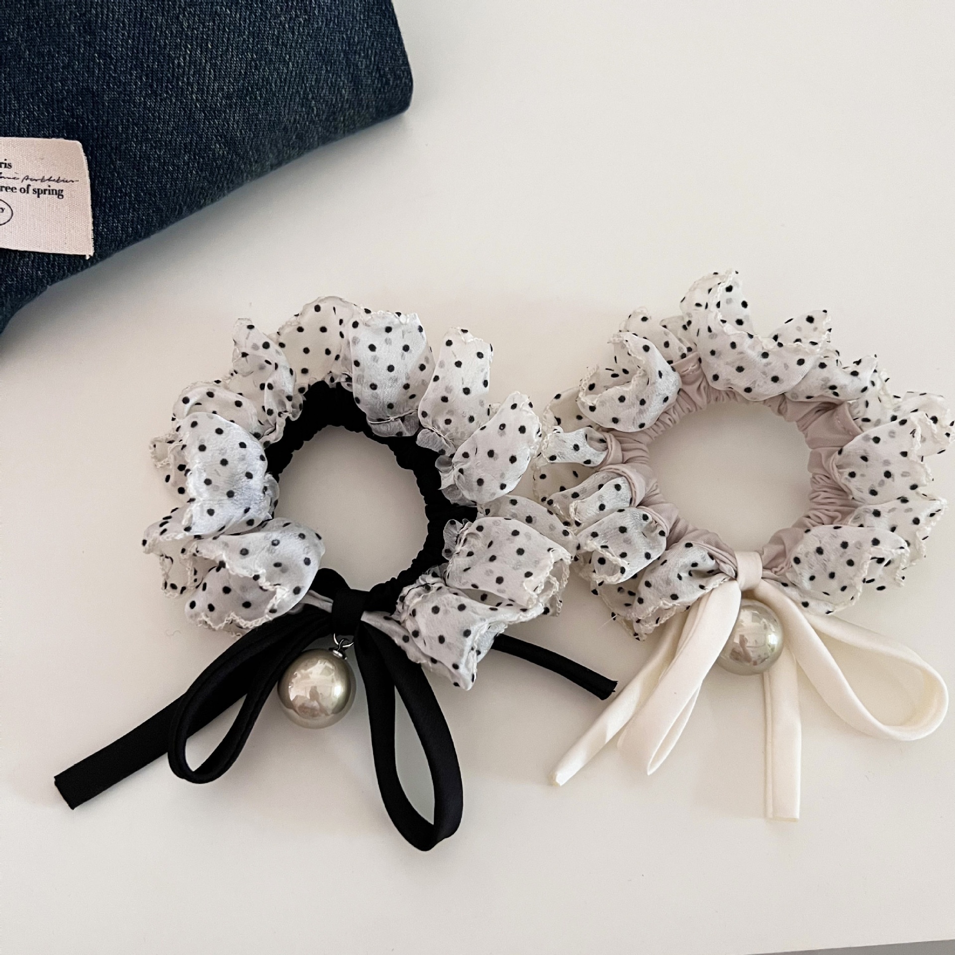 Women's Daily Pearl Bow Elastic Hair Tie Black White Polka Dot Cloth