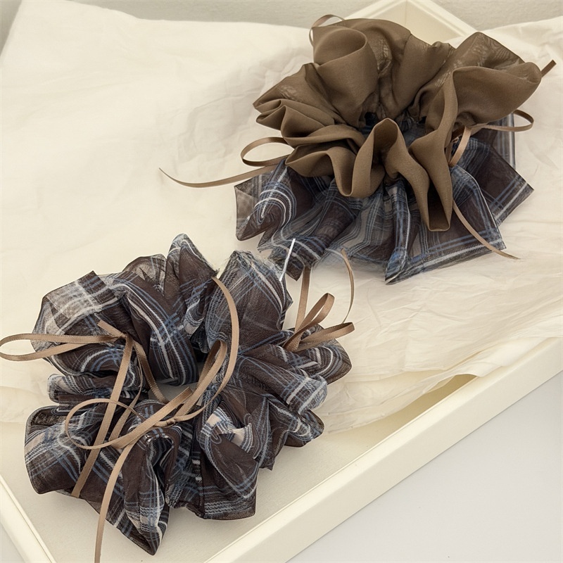 Women's Soft Gauze Bowknot Hair Tie For Daily Wear Coffee Plaid