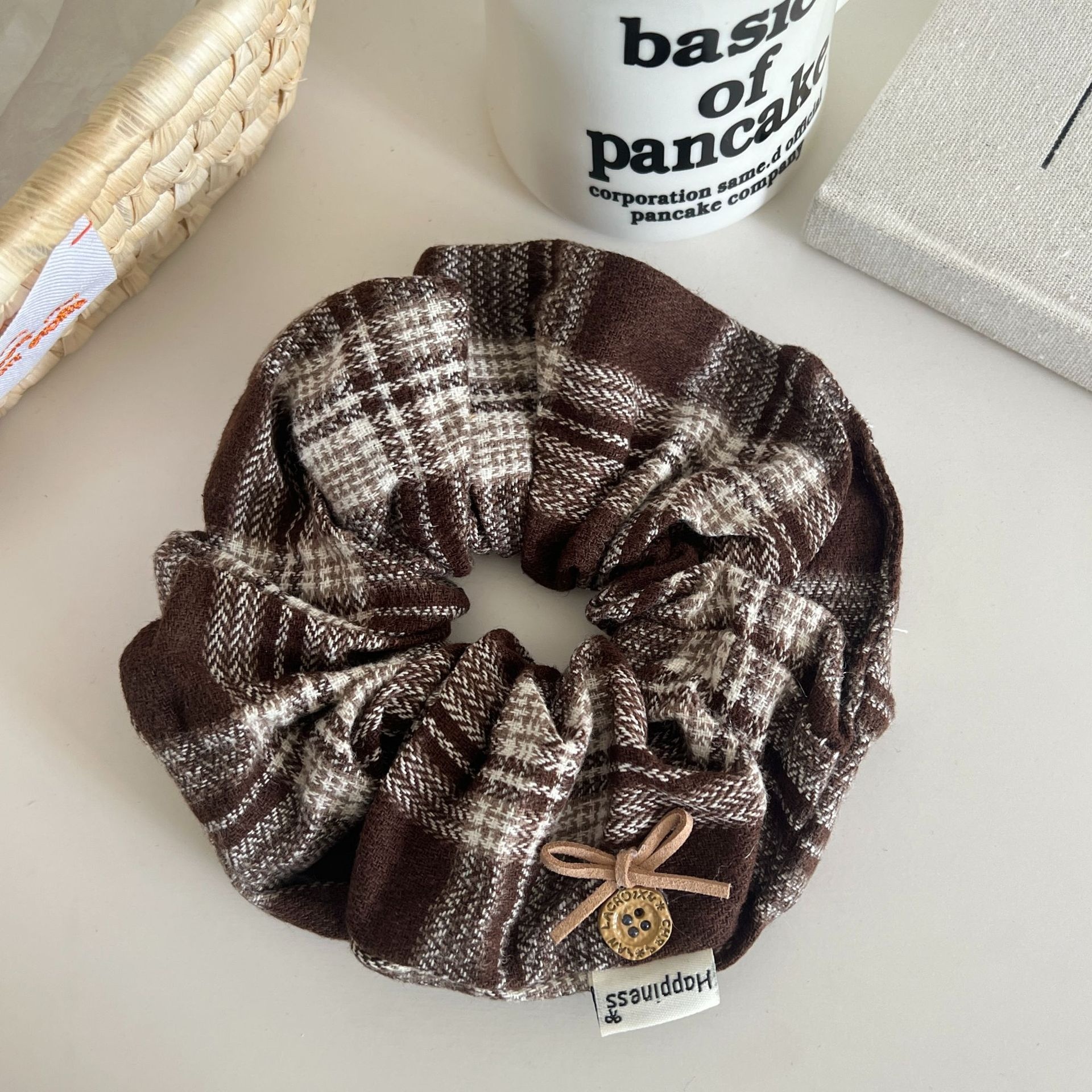 Women's French Retro Plaid Cloth Hair Tie in Black, Winter Hair Accessory