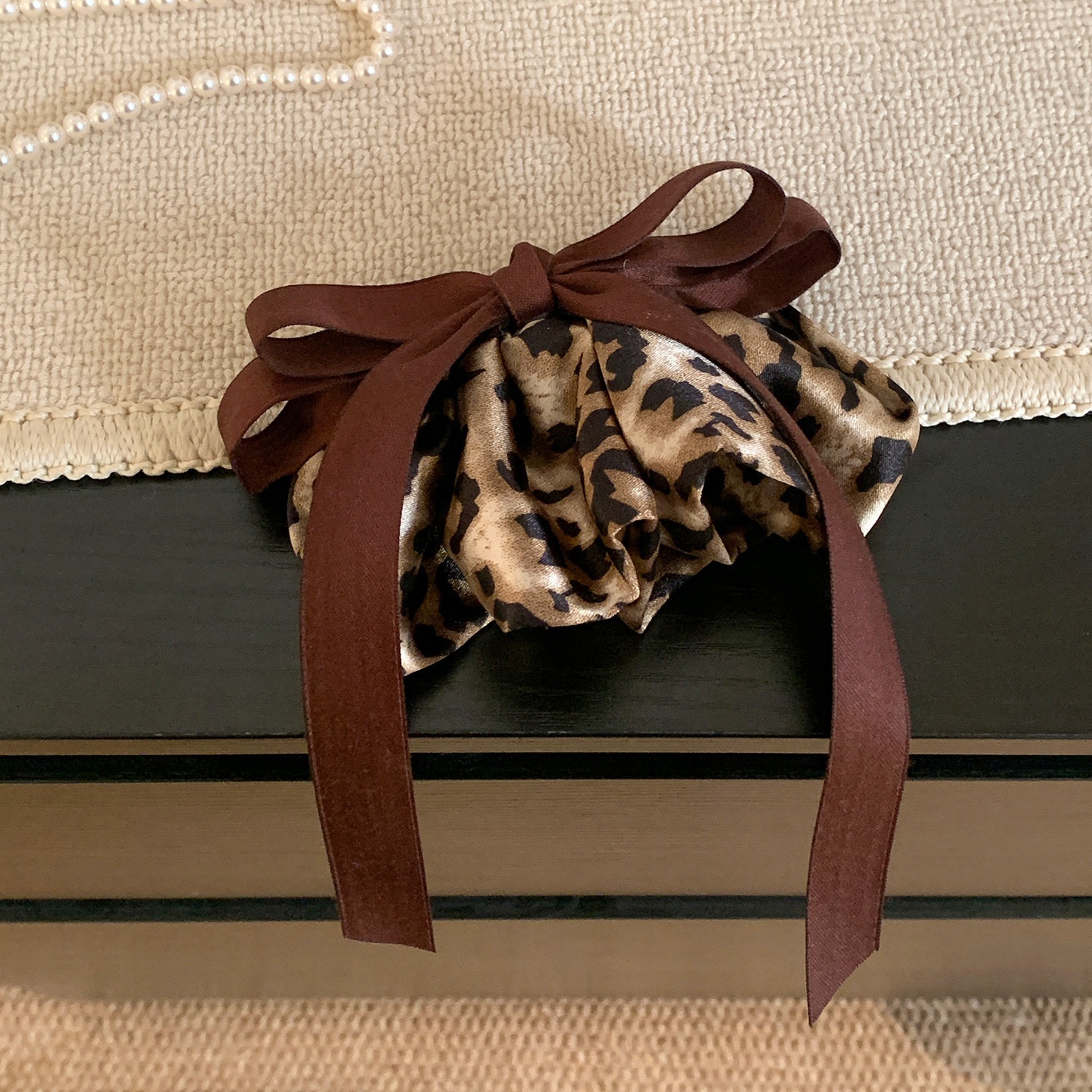 Women Autumn Winter Satin High Bun Hair Tie Yellow Brown Leopard Print