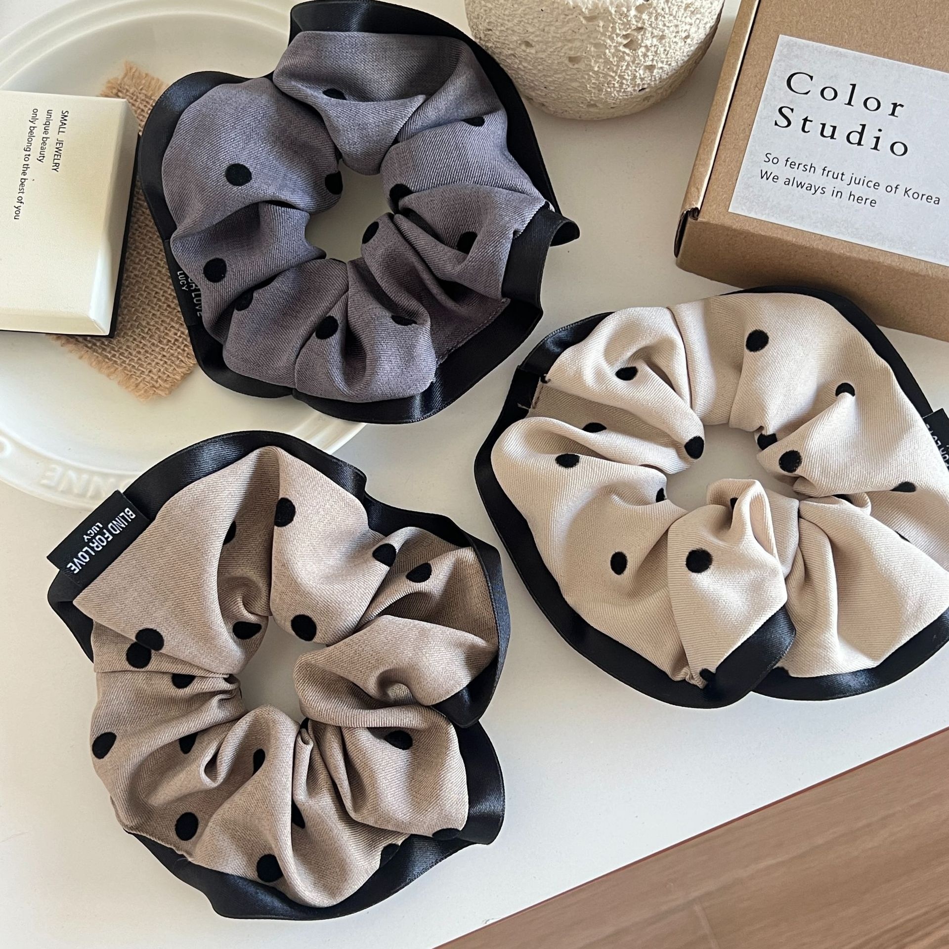 Women's Elegant Cloth Large Bow Hair Tie for Daily Wear Black Polka Dots