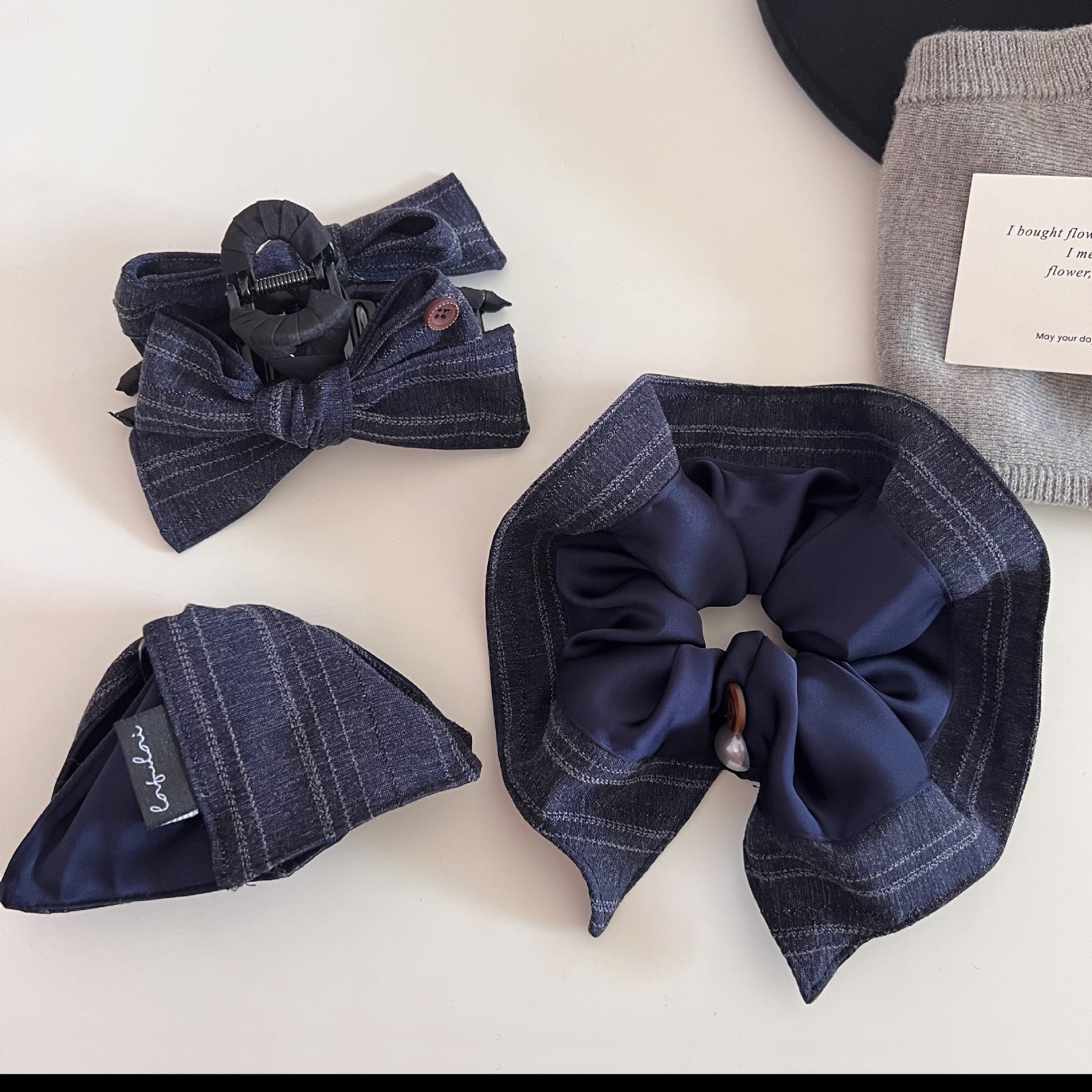 Women's Cloth Bowknot Half Bun Scrunchie Hair Claw Navy Blue Striped
