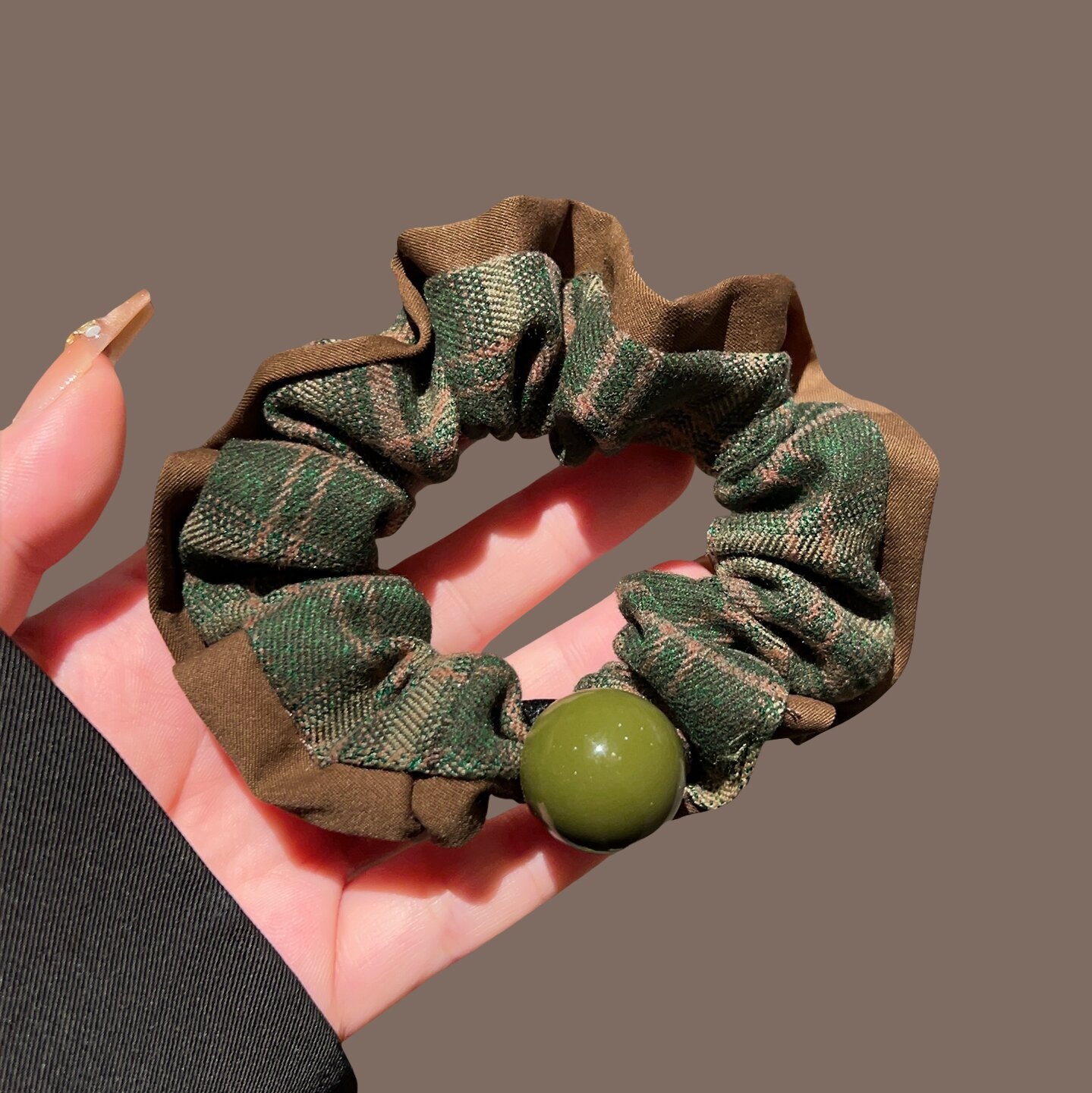 Women's Cloth High Ponytail Hair Tie Headband Vintage Green Plaid