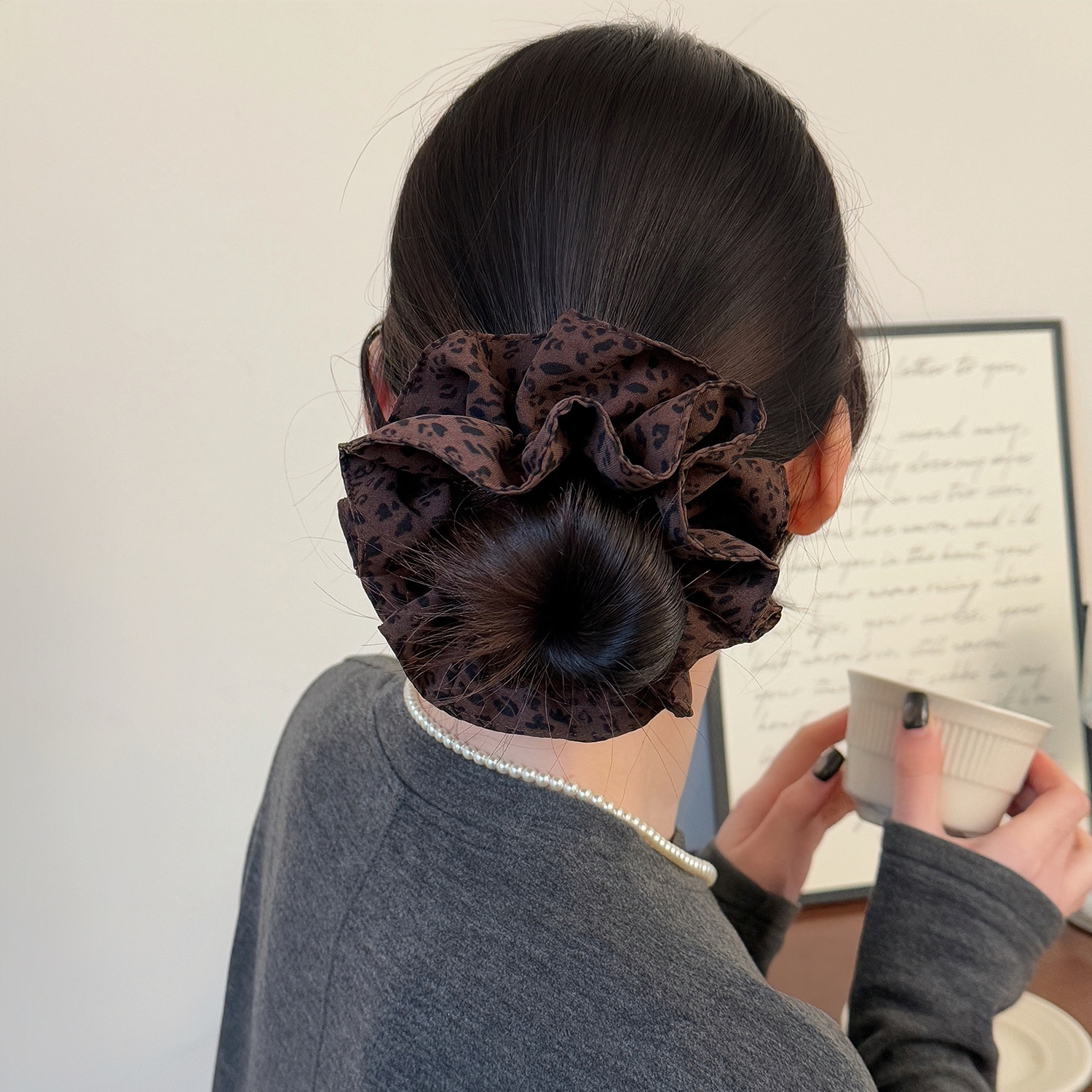 Women's Spring Cloth Scrunchie Hair Tie Coffee Leopard Print