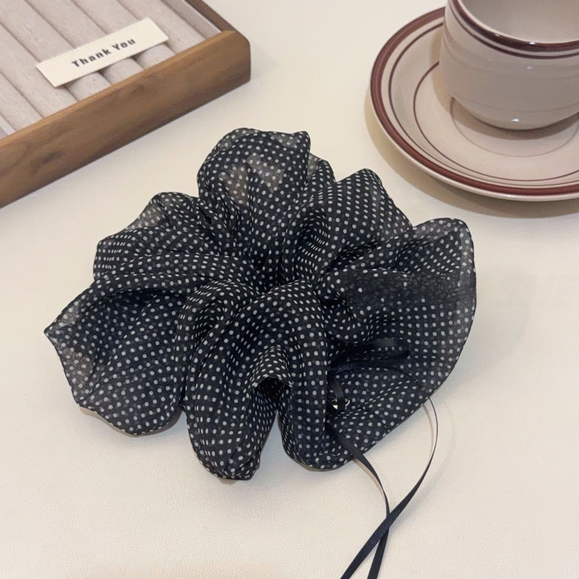 Women's All-Season Gauze Hair Scrunchie Beige Polka Dots Bow Knot