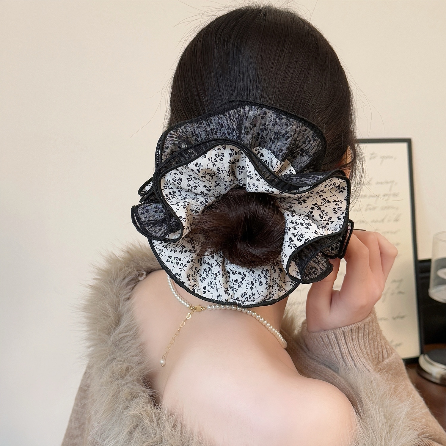 Women's Spring Korean Soft Gauze Hair Tie Black Ditsy Floral