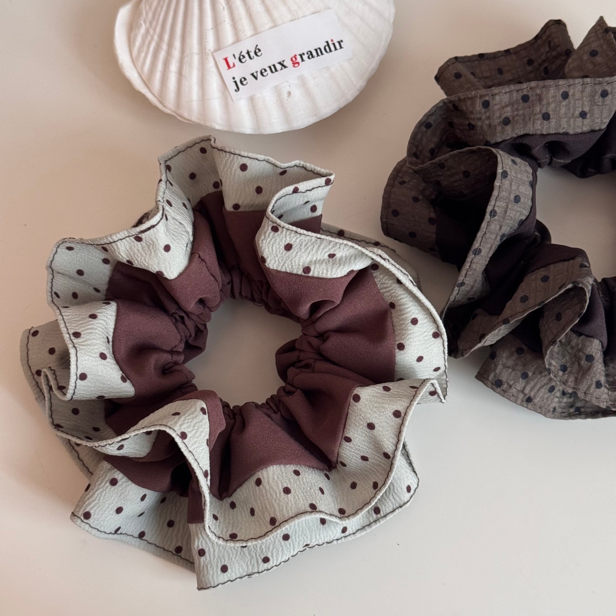 Women's Winter Cloth Scrunchie Hair Tie Beige Coffee Spliced Polka Dots