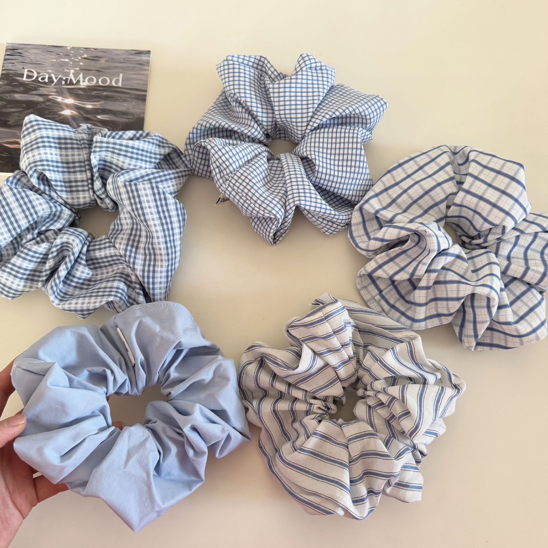 Women's Daily Cloth Hair Scrunchie Light Blue Checkered Plaid