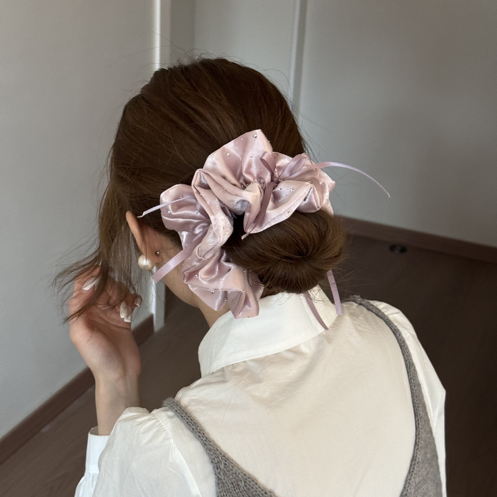 Women's Spring French Rhinestone Bowknot Hair Rubber Band Pink Satin