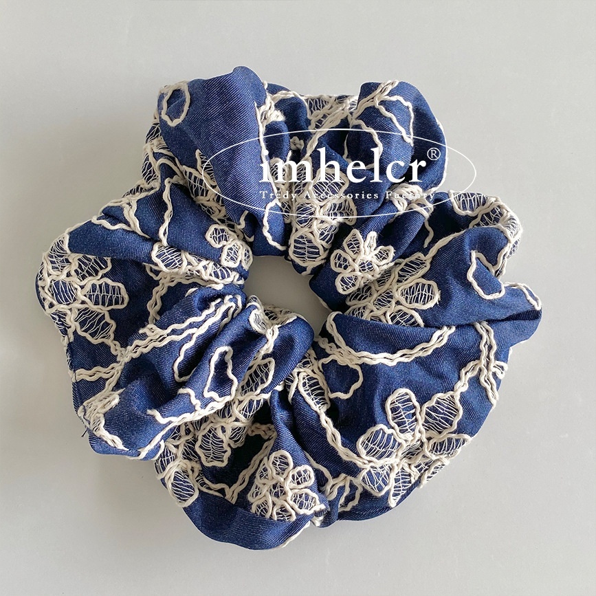 Women's Denim Bubble Braid Hair Tie Light Blue Embroidered Flower