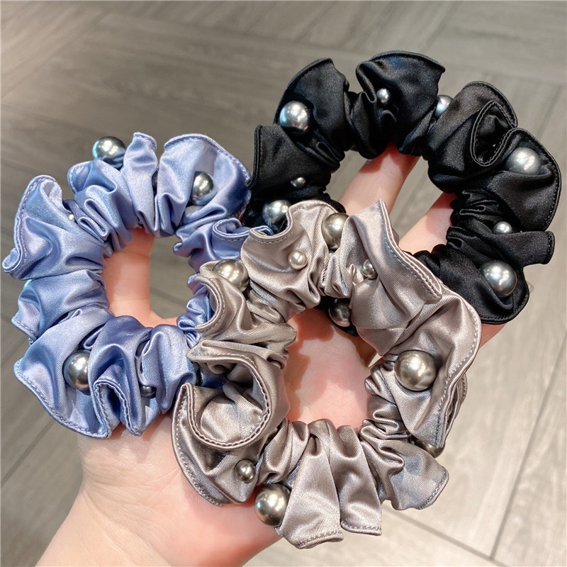 Women's Satin Pearl Ponytail Hair Ties Elegant Solid Color Bun Bands