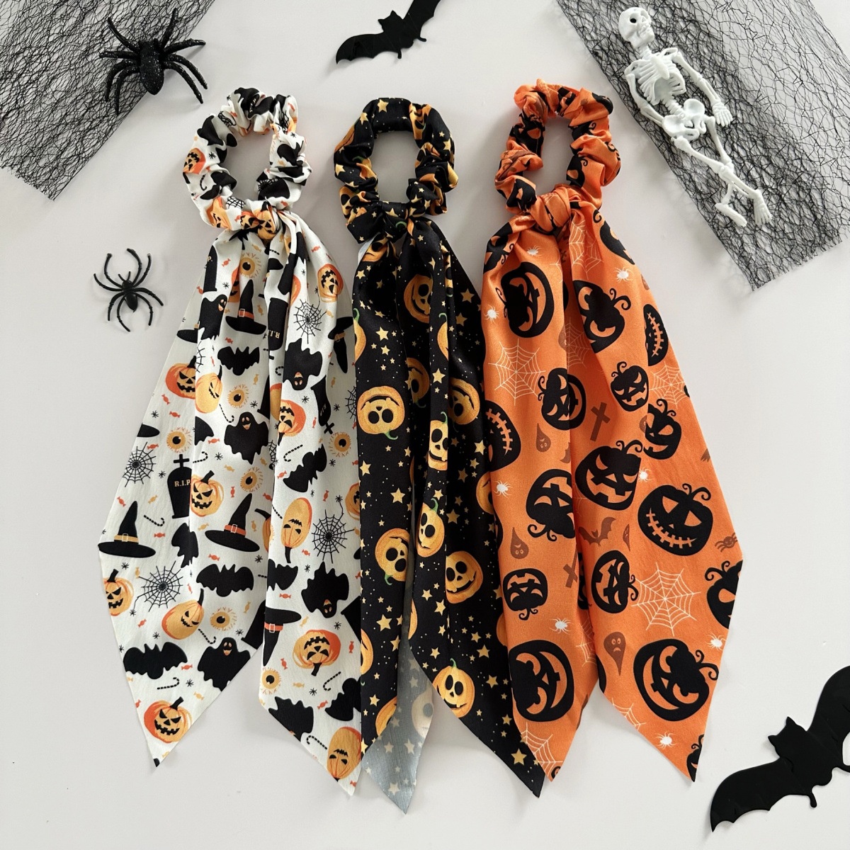 Women's Satin Ponytail Ribbon Hair Tie Dark Halloween Pumpkin Print