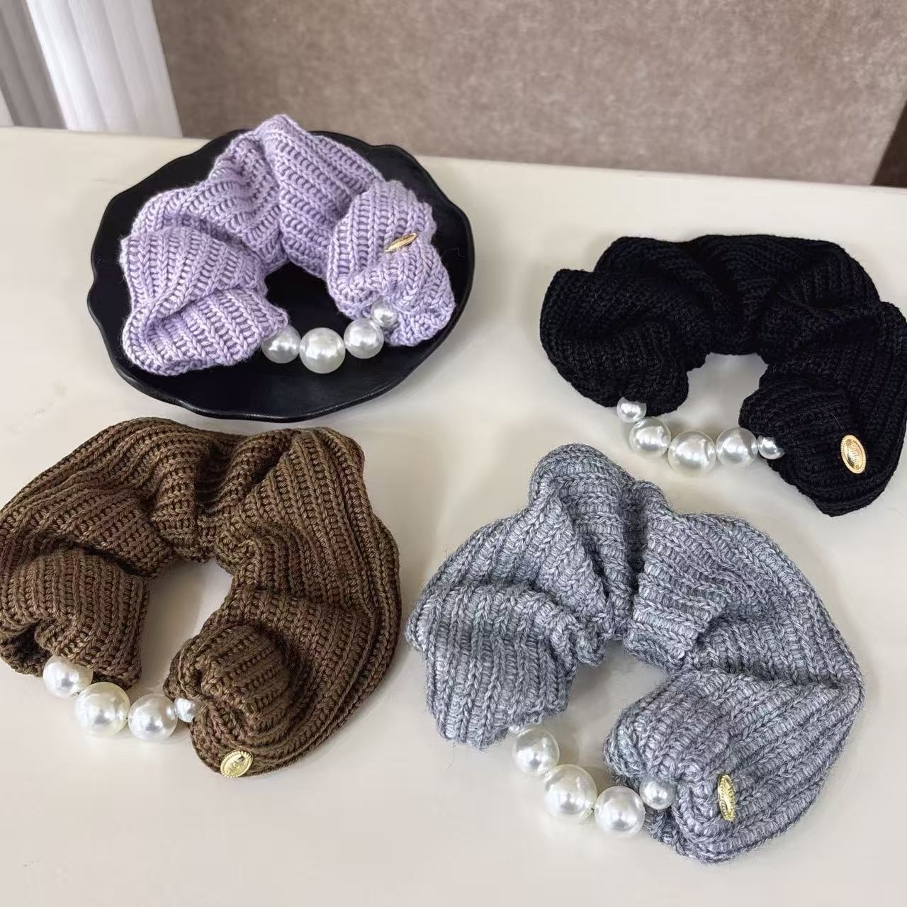 Women Elegant Knitted Cloth Scrunchies Daily Hair Ties Simple Pearl