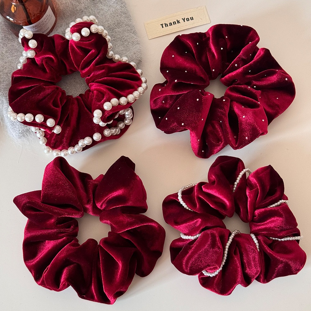 Women's New Year Velvet Pearl High Elastic Hair Band Solid Red