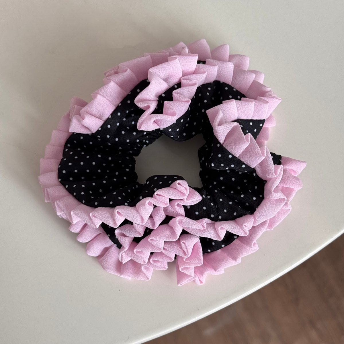 Women's Everyday Soft Cloth Scrunchie Hair Tie Pink Polka Dots Lace