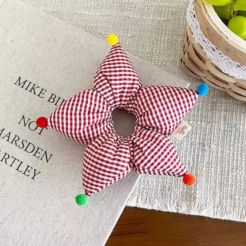 Girls Soft Cloth Bubble Braid Hair Tie Daily Wear Red Pentagram Pattern