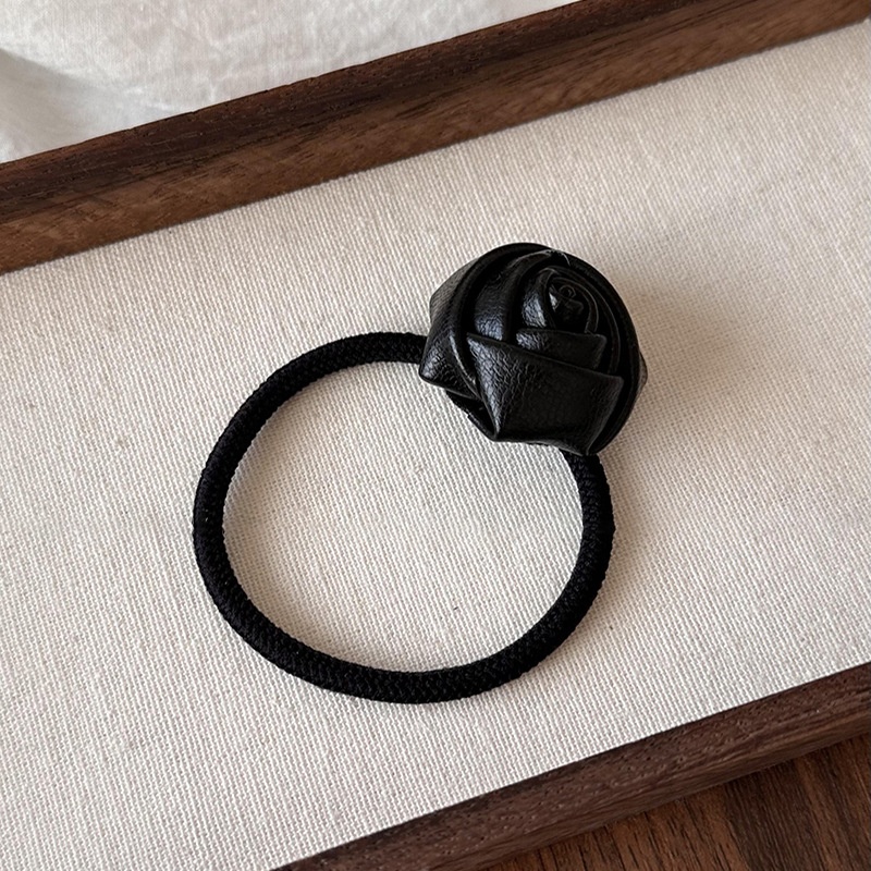 Women Durable Cloth Hair Bun Tie All Seasons Rose Flower Black Silver