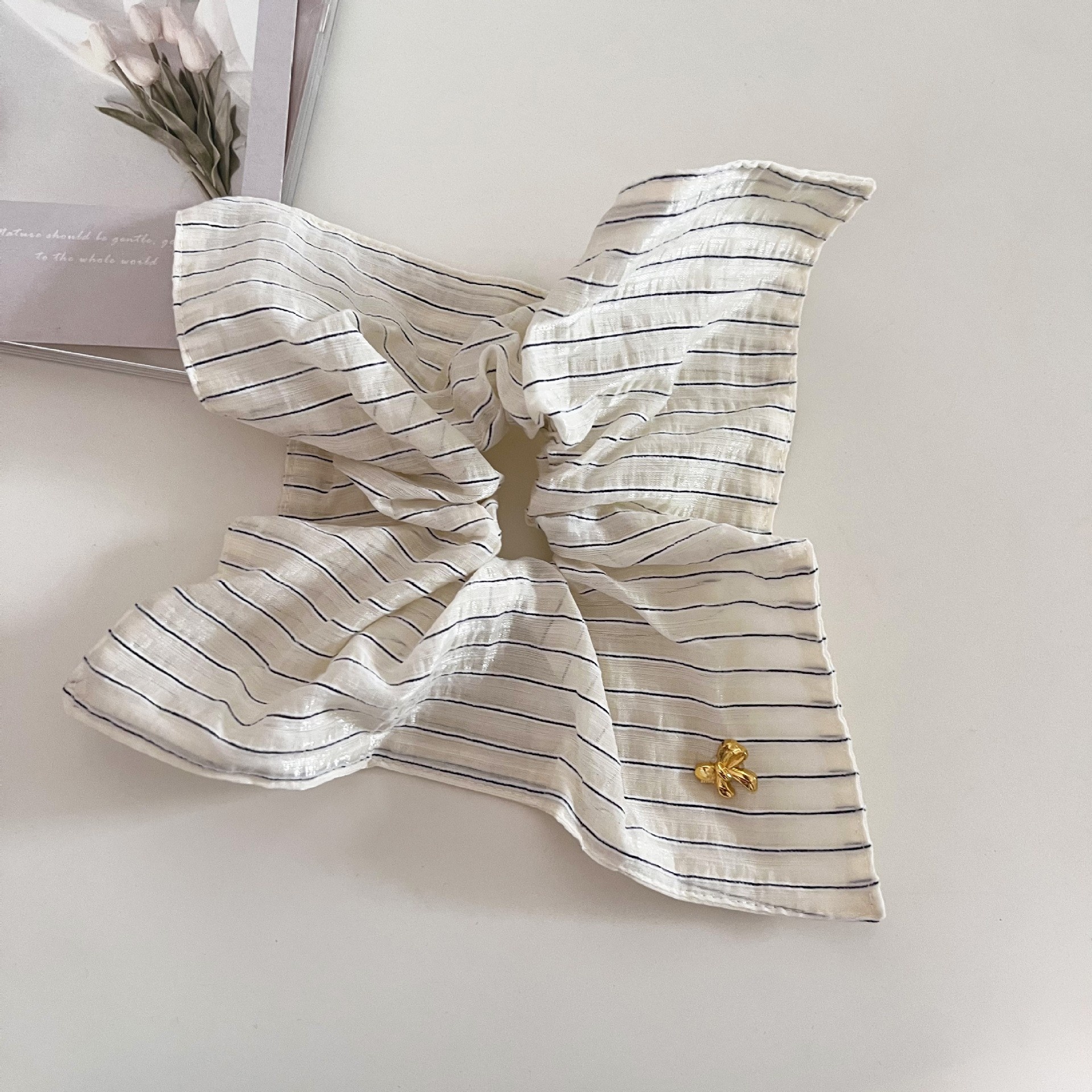 Women's Gentle Cloth Bow Hair Tie Scrunchie Blue Beige Striped Dot