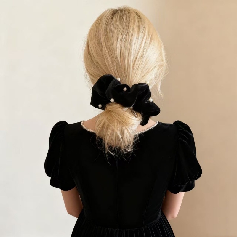 Women Girls Winter Pearl Velvet Low Bun Hair Bands Solid Color