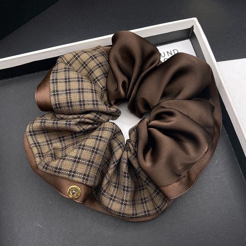 Women's Elegant Plaid Satin Hair Tie, Grey & Black Patchwork Winter Accessory