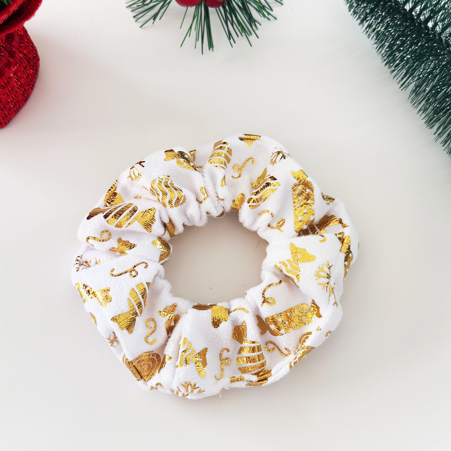 Women's Festive Velvet Hair Scrunchies Gold Embossed Christmas Tree