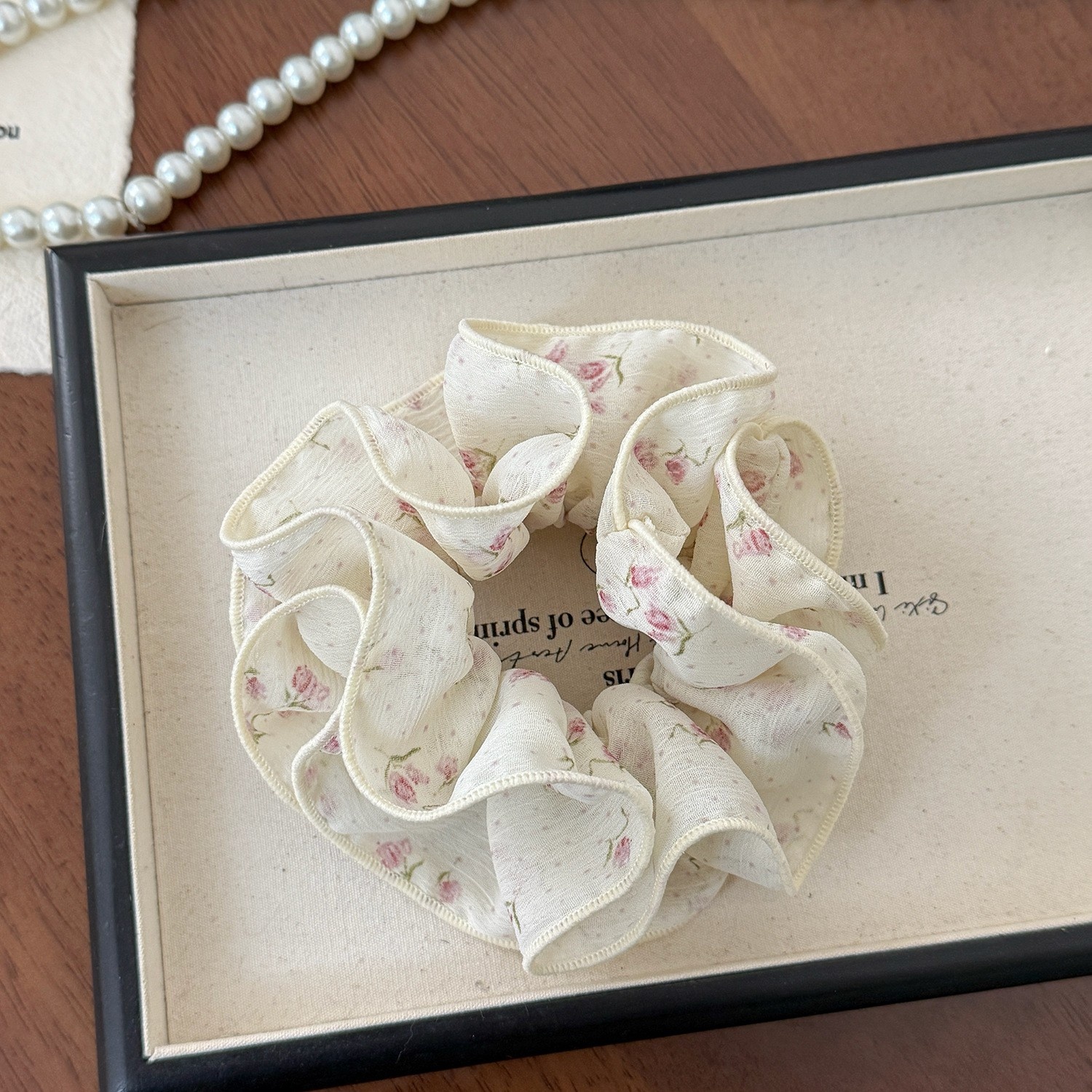 Women's Spring Lace Gauze Hair Tie Scrunchie Black Printed Pattern