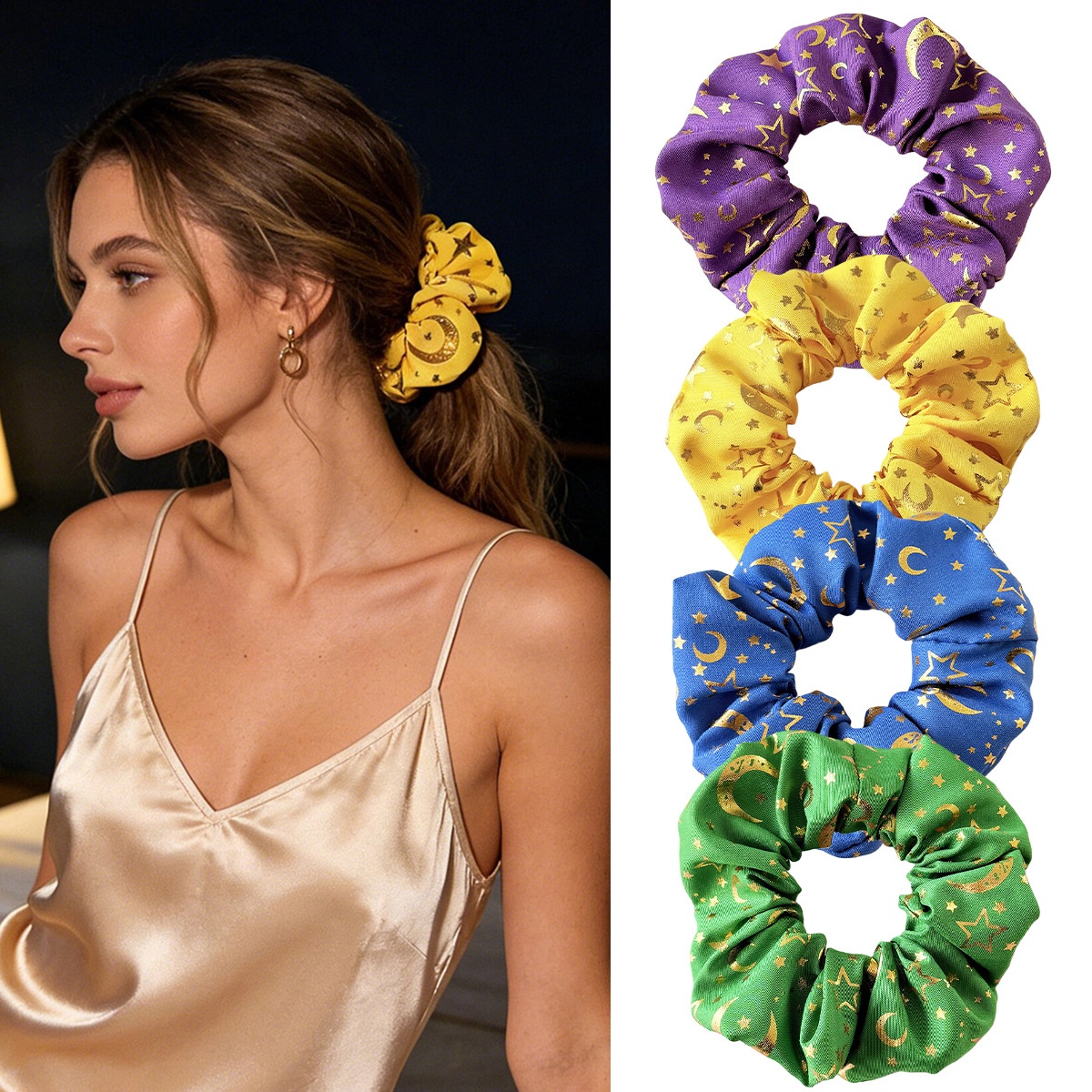 Women's Star & Moon Cloth Hair Tie in Yellow, Stylish All-Season Hair Accessory